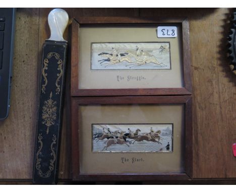 A Pair of Framed Thomas Stevens Silk Embroideries and 19th century mother of pearl handled shaving strop 