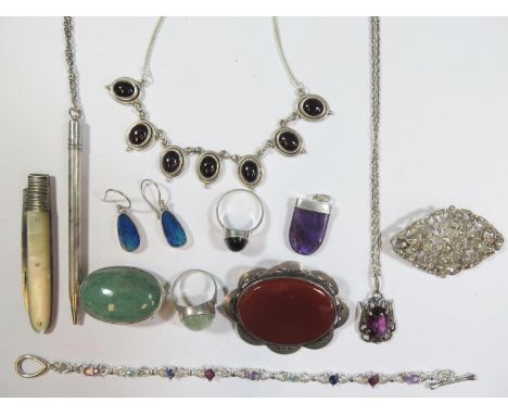 A Selection of Silver Jewellery including black opal pendant earrings, silver pencil and fruit knife with MOP mounts 