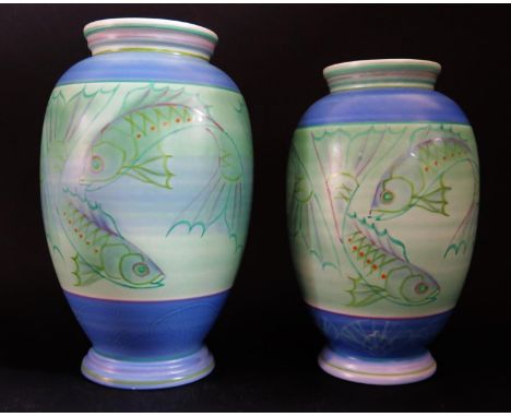 A Graduated Pair of Poole Pottery Fish Decorated Vases 25.7.98 23cm and 4.7.99 20.5cm 