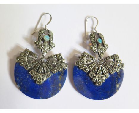 A Pair of Art Deco Lapis Lazuli, White Opal and Marcasite Inlaid Pendant Earrings by Janice Girardi (JGD), c. 64mm drop 