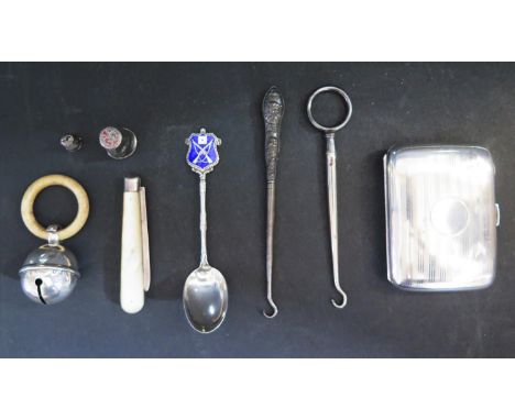 A Selection of Odd Silver including mother of pearl handled Sheffield silver fruit knife, Birmingham silver cigarette case, s