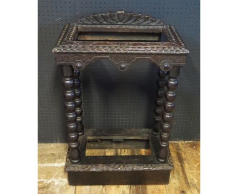 A Victorian Chip Carved Oak Stick Stand and an inlaid mahogany jardinière stand 