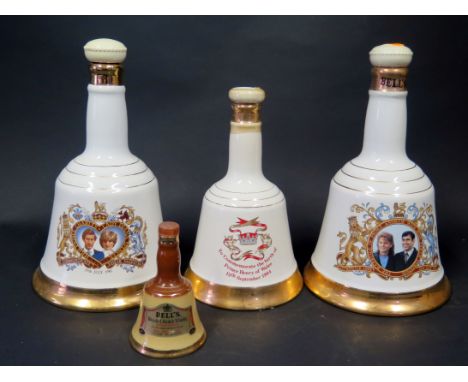 Three Bottles of Commemorative Bell's Scotch Whisky (one empty) plus one miniature. 