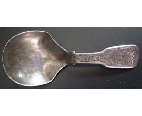 A Victorian Silver Caddy Spoon with chased foliate scroll decoration to the handle, Birmingham 1853, George Unite,12.8g 