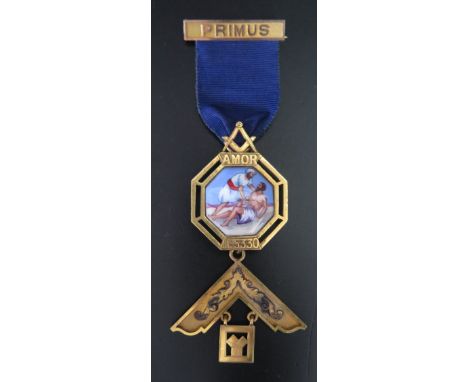 A 9ct Gold and Enamel Masonic PRIUS AMOR 'Jewel', 29.1g gross