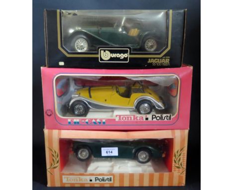 Three Burago and Tonka Polistil 1:18 Scale Jaguar, Morgan and MG in Boxes