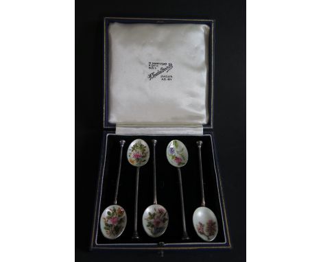 A Set of Five Birmingham Silver and Floral Enamel Coffee Spoons, HCD, 49g 