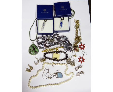 A Selection of Jewellery including a cultured pearl necklace with 9ct gold clasp, silver and other costume jewellery 