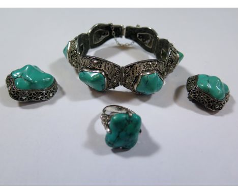 A Chinese Silver Filigree, Enamel and Turquoise Mounted Bracelet and matching ring 