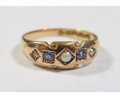 A Victorian Yellow Gold, Sapphire and Pearl Ring, size M, 2.6g 