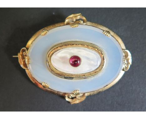 A Victorian Agate, Blister Pearl and Cabochon Set Brooch in a gilt metal setting, 60x48mm 