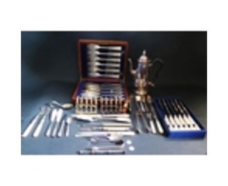 An Oak Cased Set of Six Electroplated Silver Fish Eaters, coffee pot, other flatware, two toast racks, silver sugar tongs and