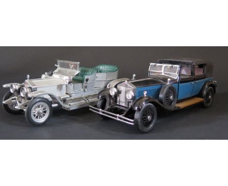 Two Franklin Mint Rolls Royce: 1929 Phantom 1 (missing mascot) and Silver Ghost (damaged windscreen). 