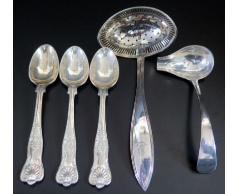 A George V Silver Mint Sauce Ladle, Sheffield 1932, TS, 35g, three other silver teaspoons 92g and Continental sugar castor sp