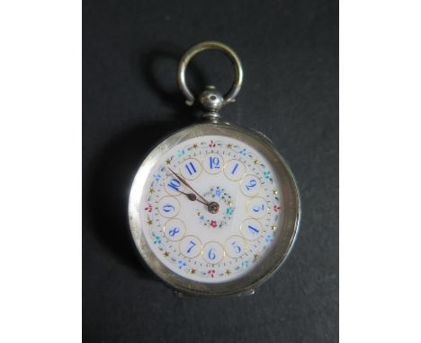 A .800 Silver Ladies Fob Watch with a pretty enamel dial, 8 jewel cylinder escapement, running 
