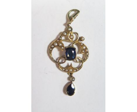 A Sapphire and Seed Pearl Pendant in a 15ct Yellow Gold Setting, 44mm drop, largest stone c. 6x5mm, 2.8g 