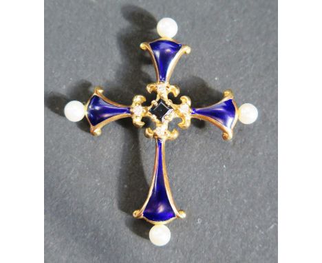 A 14K Yellow Gold and Royal Blue Enamel Cross Pendant set with central sapphire, diamonds and pearls, 37mm drop,  3g 