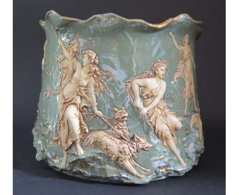 A Marbled Green Ceramic Jardinière decorated with a high relief scene of Artemis with a variety of animals and with gilt high