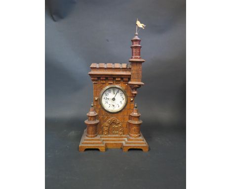 A Oak Cased Castellated Mantle Clock, 36cm, overwound