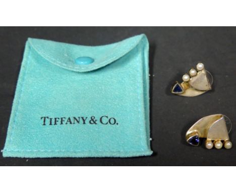 A Pair of Modernist Sterling Silver, Pearl and Blue Stone Mounted Earrings in a Tiffany &amp; Co. soft sleeve, c. 20mm drop, 