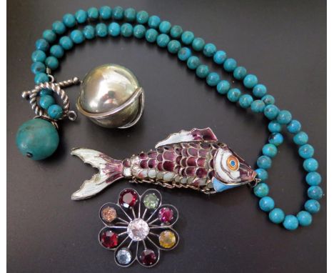 A Chiming White Metal Ball Pendant, articulated enamel fish pendant (c. 77mm long), etc. 