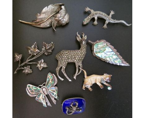 A Selection of Silver and other Jewellery including enamel Scorpio brooch and marcasite brooches 