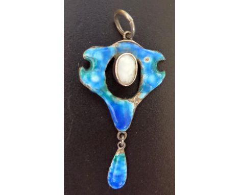 An Arts &amp; Crafts Enamel Pendant set with blister pearl, c. 50mm drop 