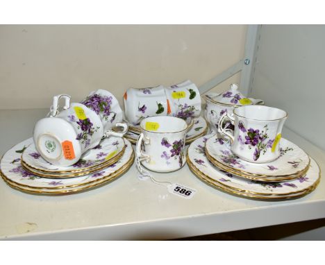 A HAMMERSLEY &amp; CO. 'VICTORIAN VIOLETS' PATTERN PART TEA SET, comprising six cups (one handle has been glued on), covered 