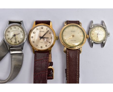 FOUR VINTAGE HAND WOUND WRISTWATCHES, to include a gold plated Anker wristwatch, champagne coloured sunburst dialwith baton a