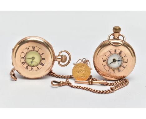 A 9CT GOLD DOUBLE ALBERT CHAIN SUSPENDING A FULL SOVEREIGN WITH TWO GOLD PLATED HALF HUNTER POCKET WATCHES, a 9ct gold double