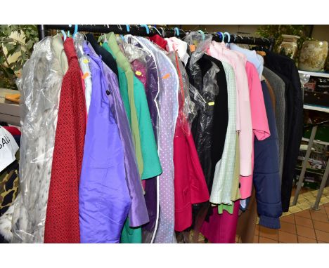 A QUANTITY OF COATS, JACKETS, SUITS AND OTHER CLOTHING, approximately forty five items, mainly high street brands, including 