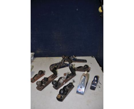 TWO TRAYS OF VINTAGE TOOLS to include various brand planes such as Record, Stanley and Paramo along with a tray of Mawhood of