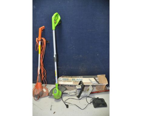 A GREENWORKS 21237 CORDLESS STRIMMER with battery and charger along with a Flymo MET250-4 strimmer and a Ryobi RHT614 hedge t