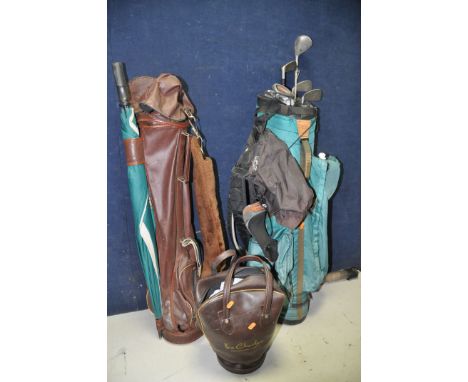 TWO GOLF BAGS AND A BOX OF GOLFING EQUIPMENT, to include a vintage leather golf bag, Ozzi golf bag and box containing a quant