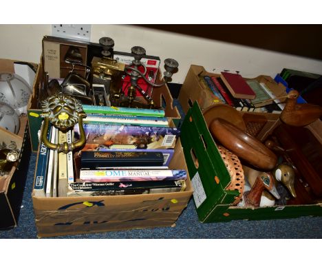 SIX BOXES OF BOOKS, LPS, METALWARE, TREEN AND HOUSEHOLD SUNDRY ITEMS, to include a large brass lion door knocker, treen ducks