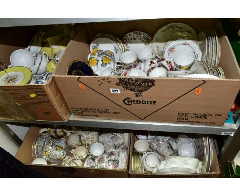 FOUR BOXES OF CERAMIC TEA WARES, to include two Rosenthal Aida trios, a twenty two piece Johnson Brothers Pareek part tea set