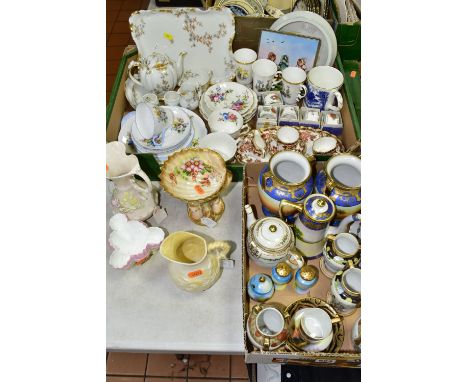 TWO BOXES AND LOOSE CERAMICS ETC, to include two Belleek water jugs with green back stamps, Grainger &amp; Co shell pattern b