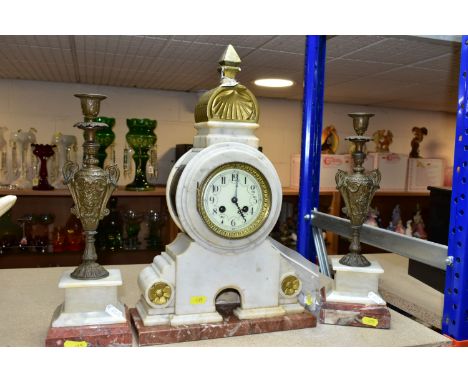 A LATE 19TH CENTURY WHITE MARBLE MATCHED CLOCK GARNITURE, the clock is of architectural form with gilt finial and shell dome 