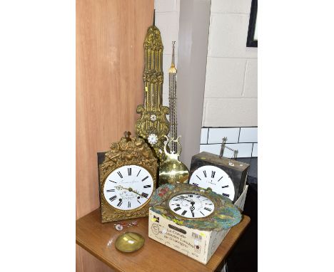 THREE LATE 19TH CENTURY FRENCH COMPTOISE WALL CLOCKS, one with embossed figures to the brass frame, floral painted enamel dia