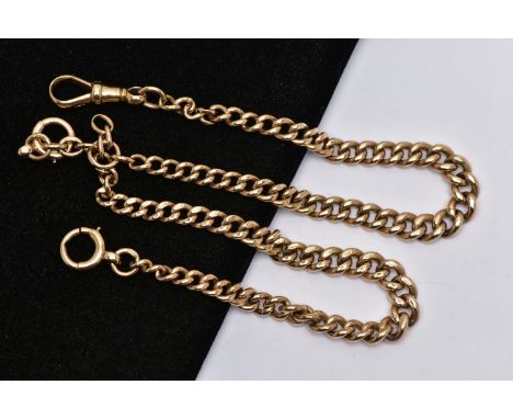 A 9CT GOLD DOUBLE ALBERT CHAIN, graduated albert chain, each link stamped 9.375, to the centre is suspending a chain drop att
