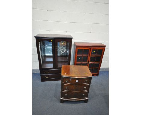 A MAHOGANY GLAZED DISPLAY CABINET, with two drawers, width 83cm x depth 40cm x height 122cm, a mahogany two door bookcase, an