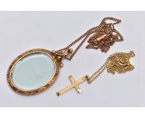 AN EARLY 20TH CENTURY 9CT GOLD PENDANT WITH 9CT GOLD CHAIN, A 9CT GOLD CROSS PENDANT WITH 9CT GOLD CHAIN, the first designed 