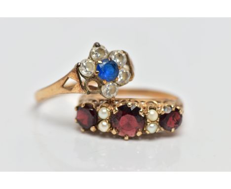 TWO 9CT GOLD GEM SET RINGS, the first designed with three claw set, circular cut garnets, interspaced with four seed pearls, 