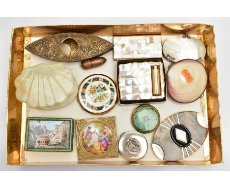 A BOX OF ASSORTED ITEMS, to include a Victorian polished clam shell purse, a large oval faux tortoiseshell with mother of pea