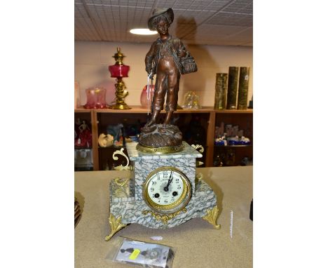 A LATE 19TH CENTURY GREY / GREEN VEINED MARBLE FIGURAL MANTEL CLOCK, surmounted with a fisherman bearing a plaque inscribed '