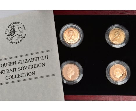 A CASED SET OF 4 PORTRAIT SOVEREIGN COINS, to include Queen Elizabeths obverse designs 1959 bullion by Mark Gillick ef/unc, 1