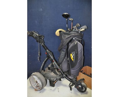 A POWERCADDY GOLF CART AND GOLF BAG containing clubs of various different brand names such as Spalding, Taylor made, Dunlop, 
