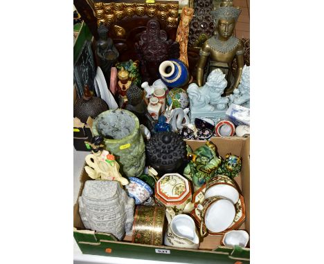TWO BOXES OF ORIENTAL AND BUDDHIST WARES ETC, to include a nephrite brush pot on a soapstone base, relief carved with a drago