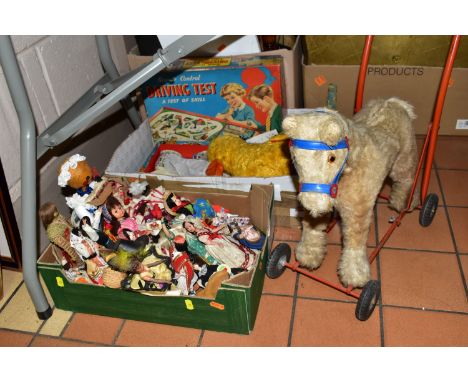 VINTAGE TOYS AND TOURIST COLLECTORS DOLLS ETC, to include a Lines Brothers of Ireland stuffed horse mounted to a push along f