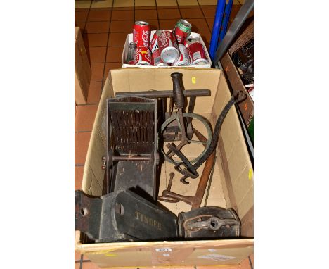 TWO BOXES OF METALWARE, to include a double mousetrap, tinder box, clamp, measuring device (rusty), leather flask, small loom